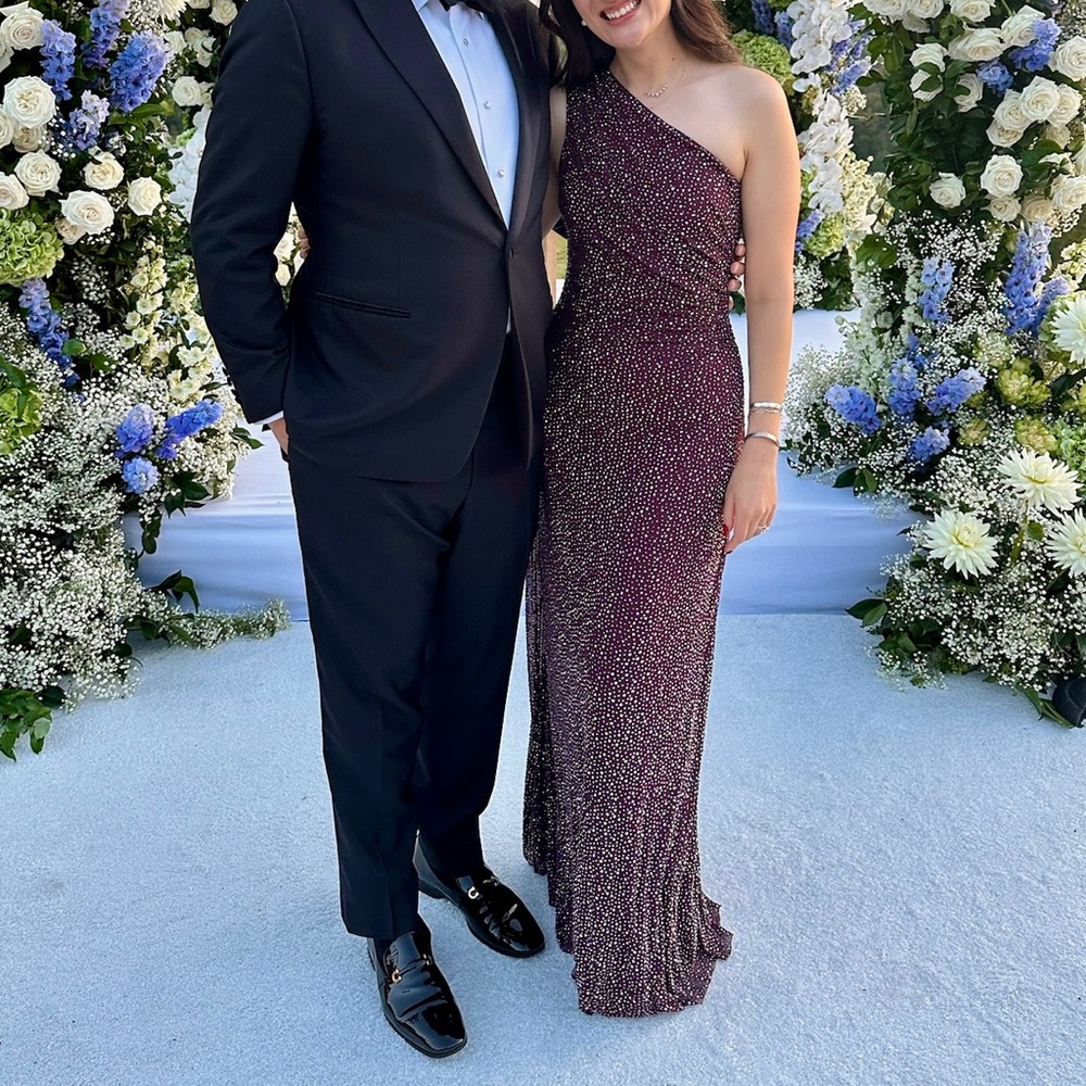 Halston Womens Rafelle Rhinestone Mesh Gown, Black Raspberry - Picture 4 of 5